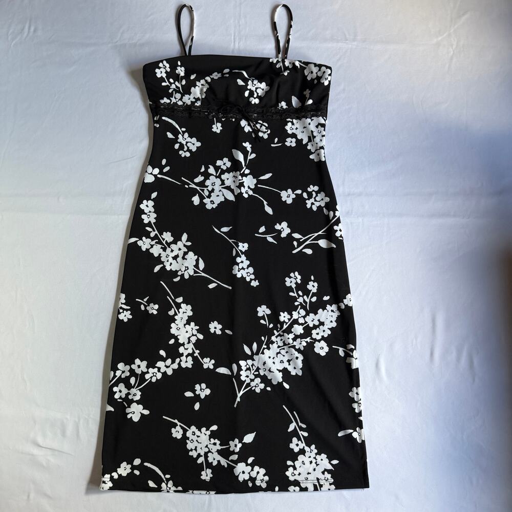 PS PerSeption Black White Floral Lace Trim Midi Dress Size Small Y2K Party Date
